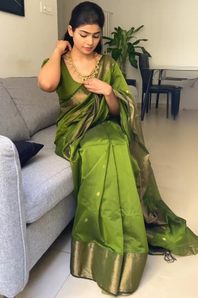 Fancifull Green Cotton Silk Saree With Hypnotic Blouse Piece - Shop authentic Indian Women's Fashion by Silk Folks