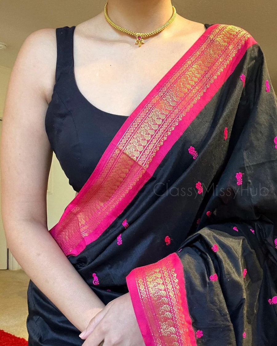 Pleasant Black Soft Silk Saree With Delightful Blouse Piece - Shop authentic Indian Women's Fashion by Silk Folks