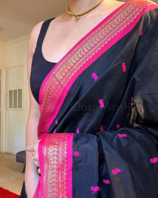 Pleasant Black Soft Silk Saree With Delightful Blouse Piece - Shop authentic Indian Women's Fashion by Silk Folks