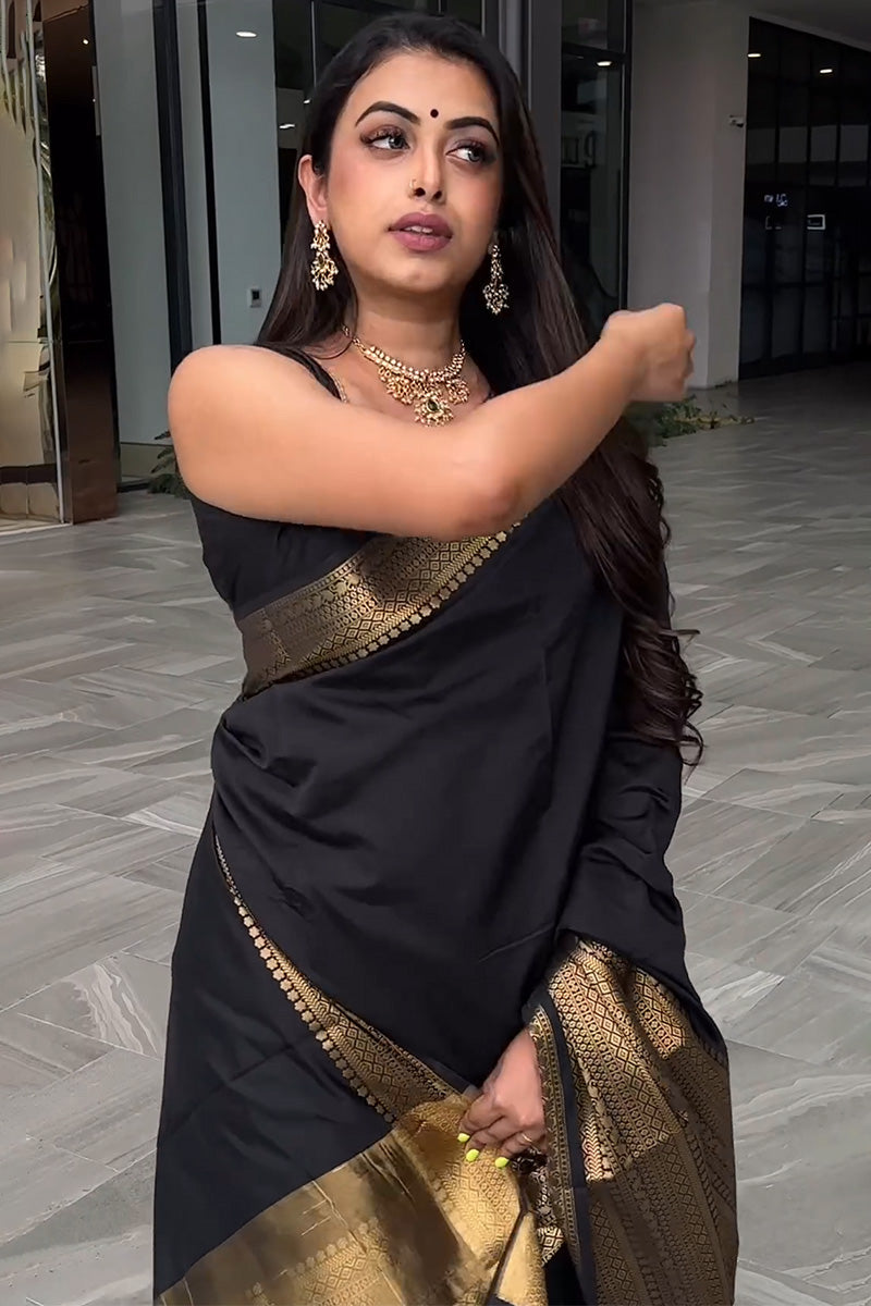 Evanescent Black Soft Silk Saree With Imbrication Blouse Piece - Shop authentic Indian Women's Fashion by Silk Folks