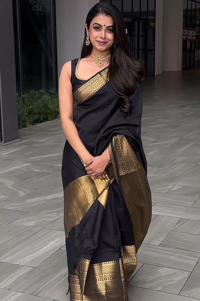 Evanescent Black Soft Silk Saree With Imbrication Blouse Piece - Shop authentic Indian Women's Fashion by Silk Folks