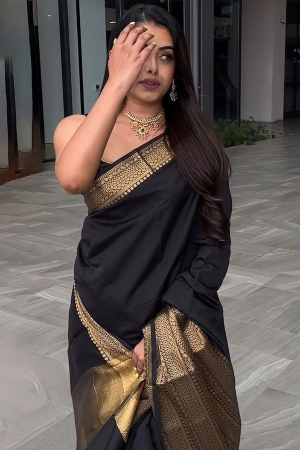 Evanescent Black Soft Silk Saree With Imbrication Blouse Piece - Shop authentic Indian Women's Fashion by Silk Folks