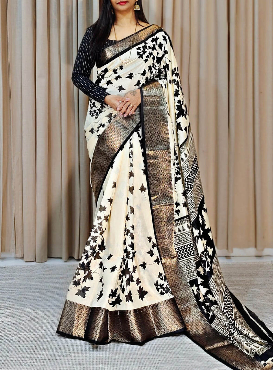 Incredible Off White Digital Printed Soft Silk Saree With Felicitous B - Shop authentic Indian Women's Fashion by Silk Folks