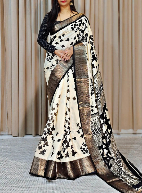 Incredible Off White Digital Printed Soft Silk Saree With Felicitous B - Shop authentic Indian Women's Fashion by Silk Folks