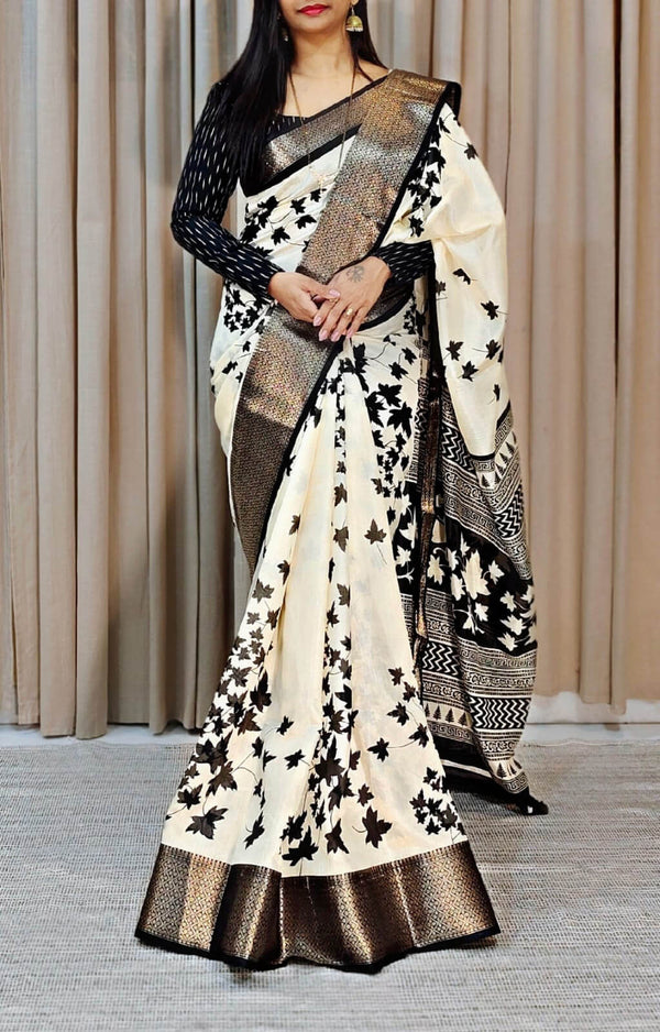 Incredible Off White Digital Printed Soft Silk Saree With Felicitous B - Shop authentic Indian Women's Fashion by Silk Folks