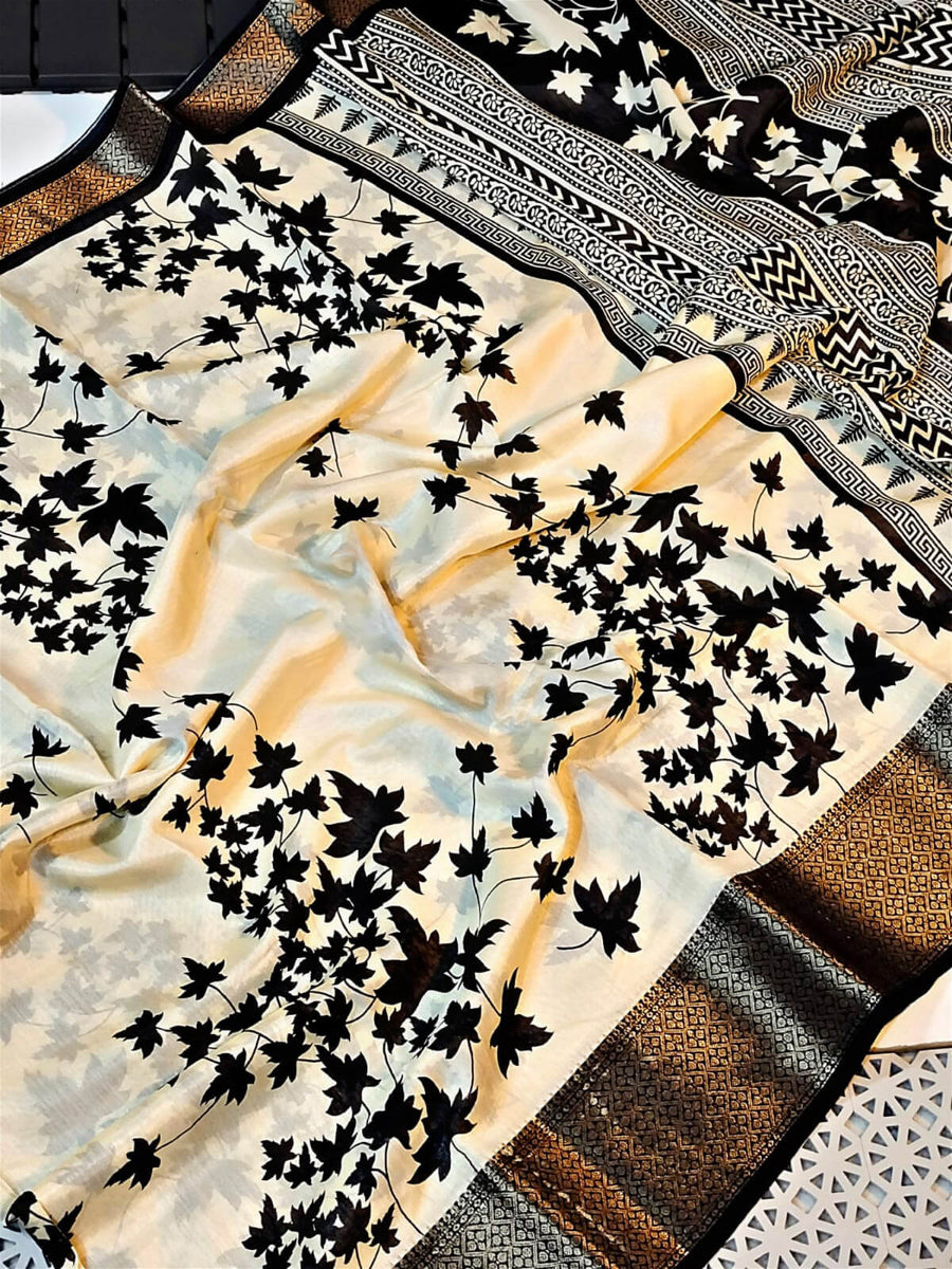 Incredible Off White Digital Printed Soft Silk Saree With Felicitous B - Shop authentic Indian Women's Fashion by Silk Folks