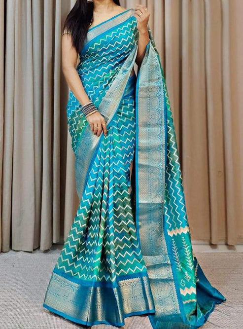 Inspiring Firozi Digital Printed Soft Silk Saree With Hypnotic Blouse  - Shop authentic Indian Women's Fashion by Silk Folks