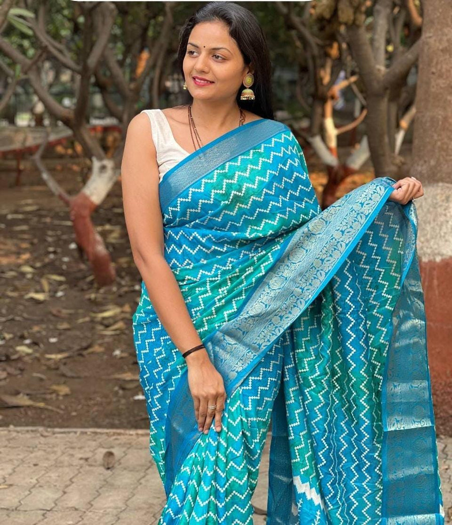 Inspiring Firozi Digital Printed Soft Silk Saree With Hypnotic Blouse  - Shop authentic Indian Women's Fashion by Silk Folks