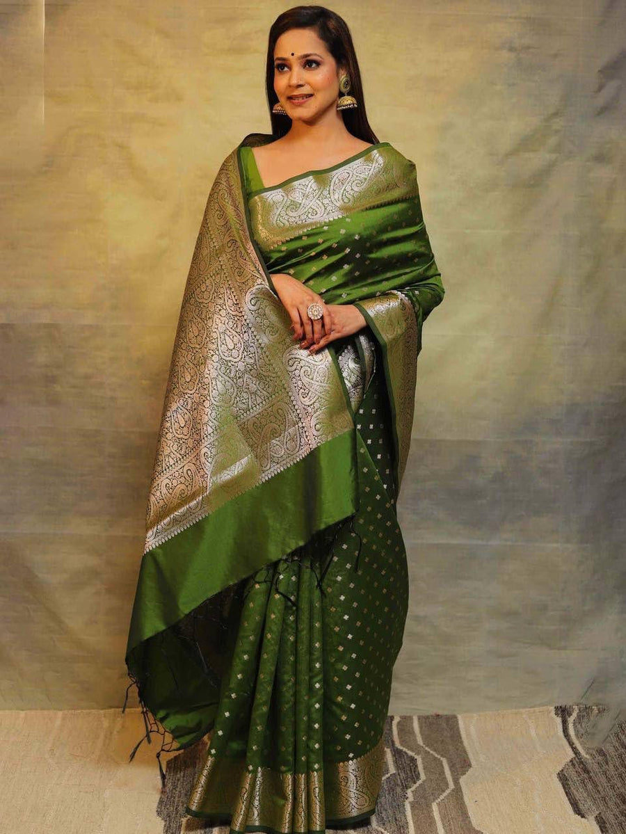 Excellent Mehndi Soft Silk Saree With Inspiring Blouse Piece - Shop authentic Indian Women's Fashion by Silk Folks