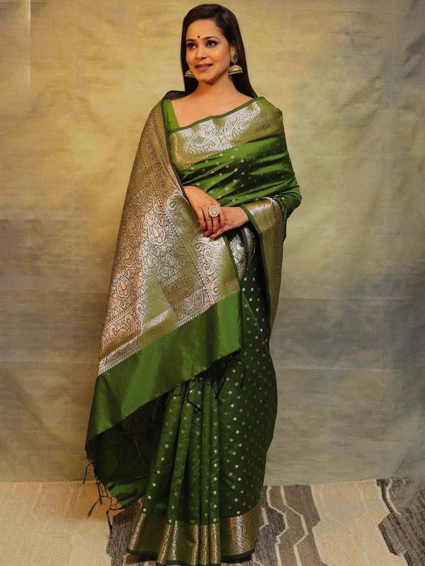 Excellent Mehndi Soft Silk Saree With Inspiring Blouse Piece - Shop authentic Indian Women's Fashion by Silk Folks