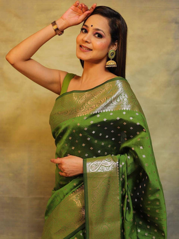 Excellent Mehndi Soft Silk Saree With Inspiring Blouse Piece - Shop authentic Indian Women's Fashion by Silk Folks