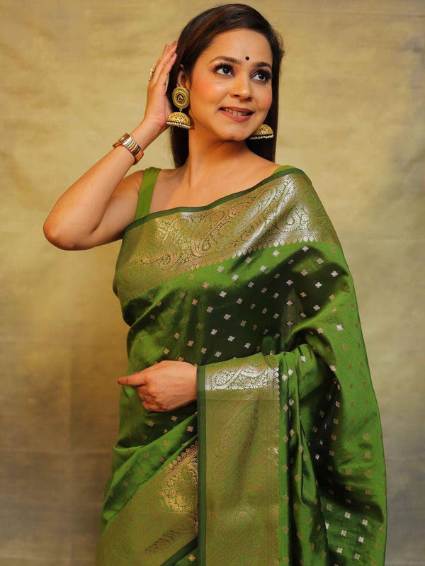 Excellent Mehndi Soft Silk Saree With Inspiring Blouse Piece - Shop authentic Indian Women's Fashion by Silk Folks