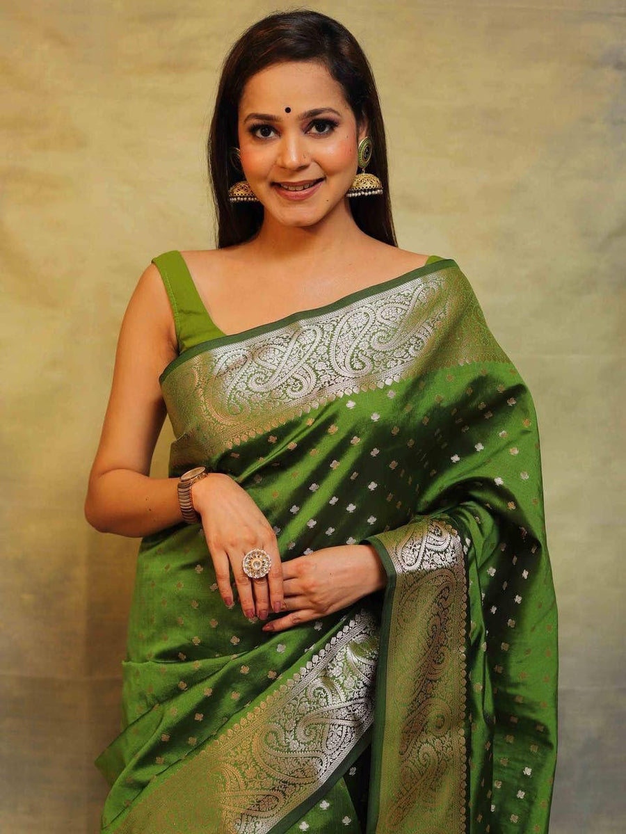 Excellent Mehndi Soft Silk Saree With Inspiring Blouse Piece - Shop authentic Indian Women's Fashion by Silk Folks