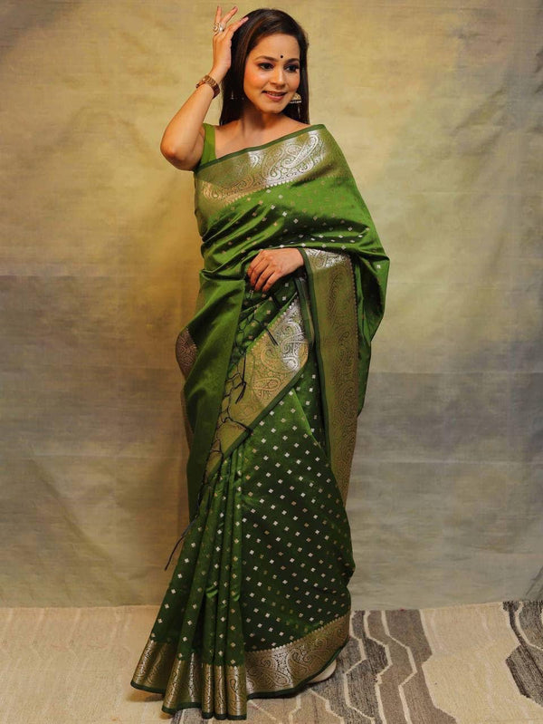 Excellent Mehndi Soft Silk Saree With Inspiring Blouse Piece - Shop authentic Indian Women's Fashion by Silk Folks
