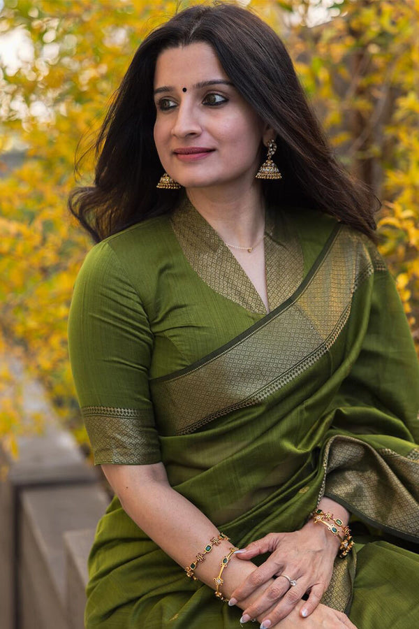 Pesto Green Maheshawari Cotton Silk Saree - Shop authentic Indian Women's Fashion by Silk Folks