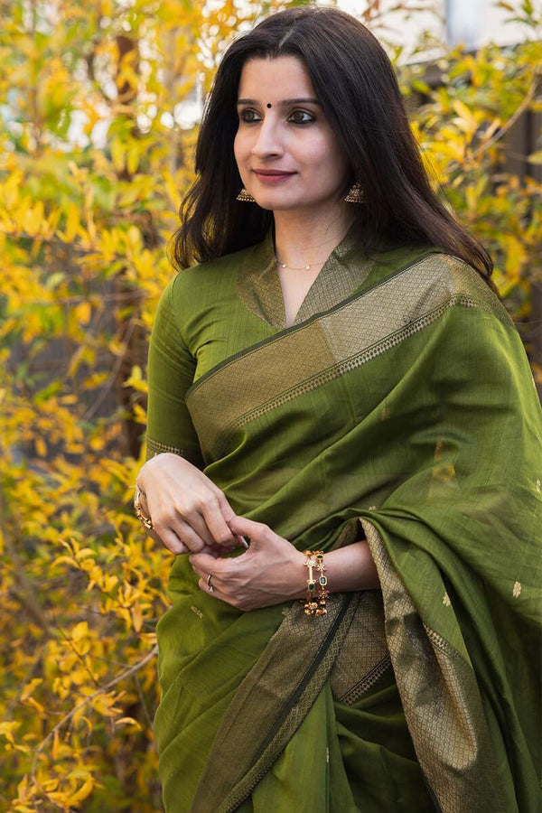 Pesto Green Maheshawari Cotton Silk Saree - Shop authentic Indian Women's Fashion by Silk Folks