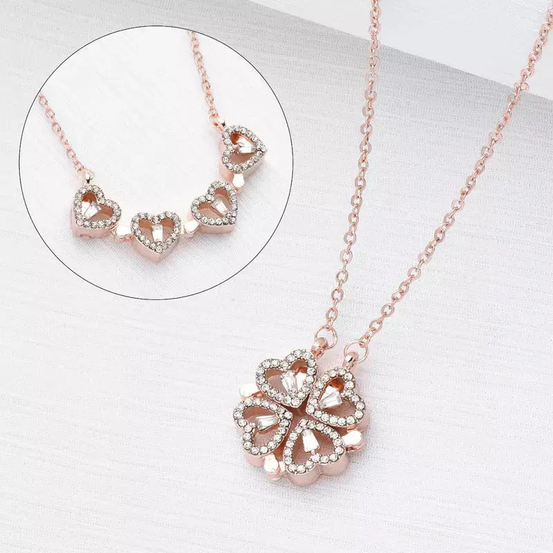 Hyacinth 4-pcs Zircon Heart Magnetic Clover Necklace - Rose Gold - Shop authentic Indian Women's Fashion by Salty