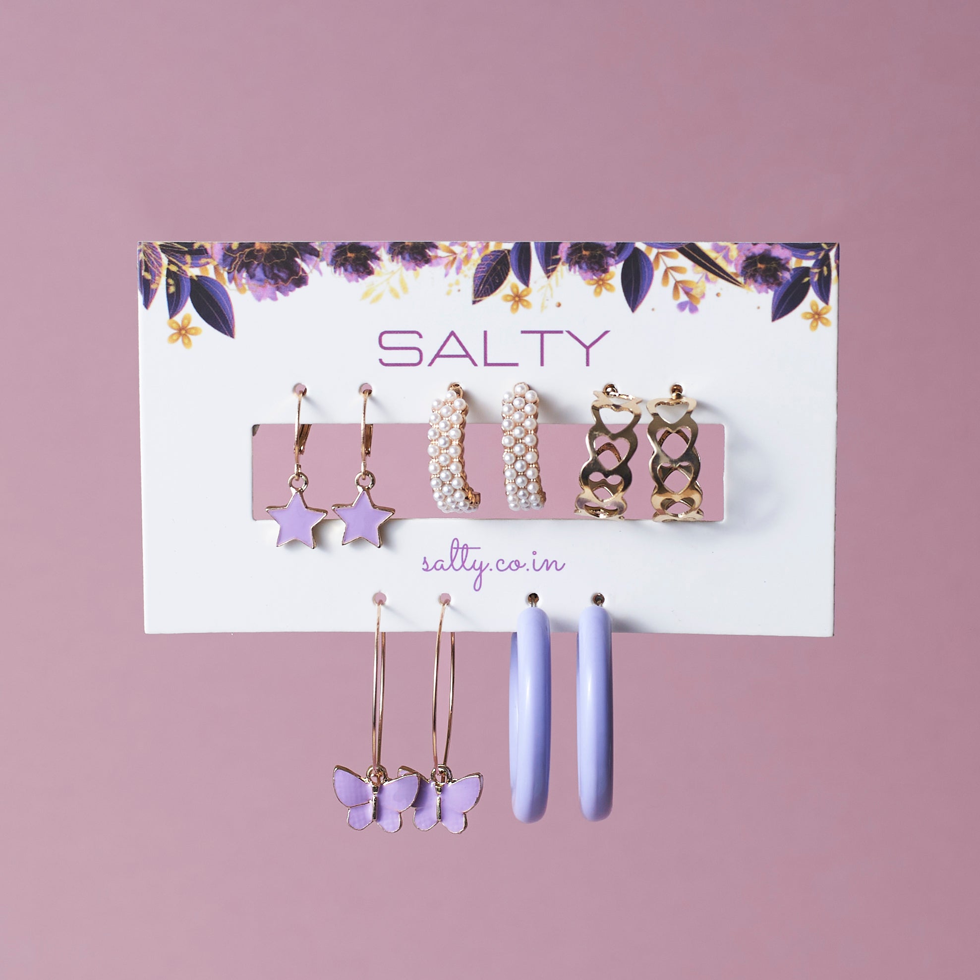 Set of 5 Lilac Golden Hoop Set - Shop authentic Indian Women's Fashion by Salty