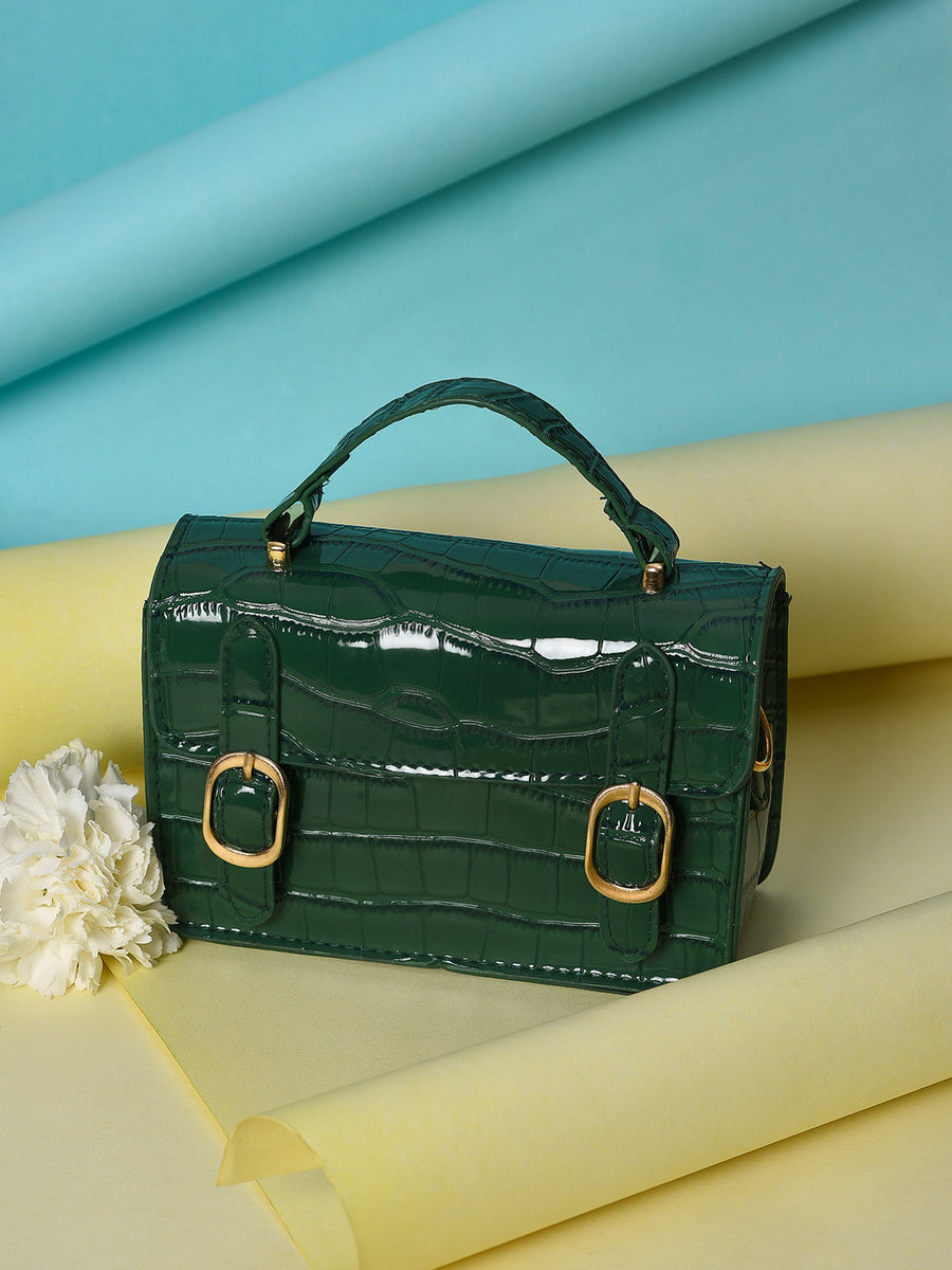 Green Colourblocked Vegan Leather Structured Hobo Bag With Quilted - Shop authentic Indian Women's Fashion by Haute Sauce