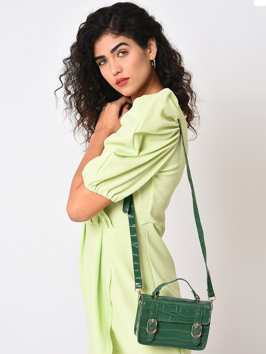 Green Colourblocked Vegan Leather Structured Hobo Bag With Quilted - Shop authentic Indian Women's Fashion by Haute Sauce