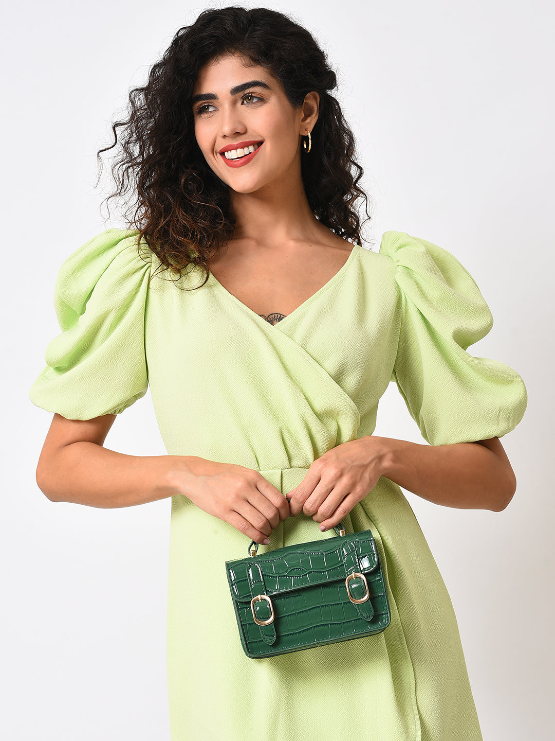 Green Colourblocked Vegan Leather Structured Hobo Bag With Quilted - Shop authentic Indian Women's Fashion by Haute Sauce