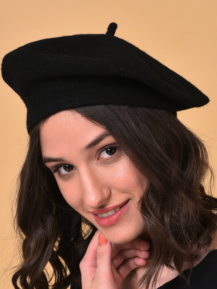 Black Solid Vintage French Beret Hat - Shop authentic Indian Women's Fashion by Haute Sauce