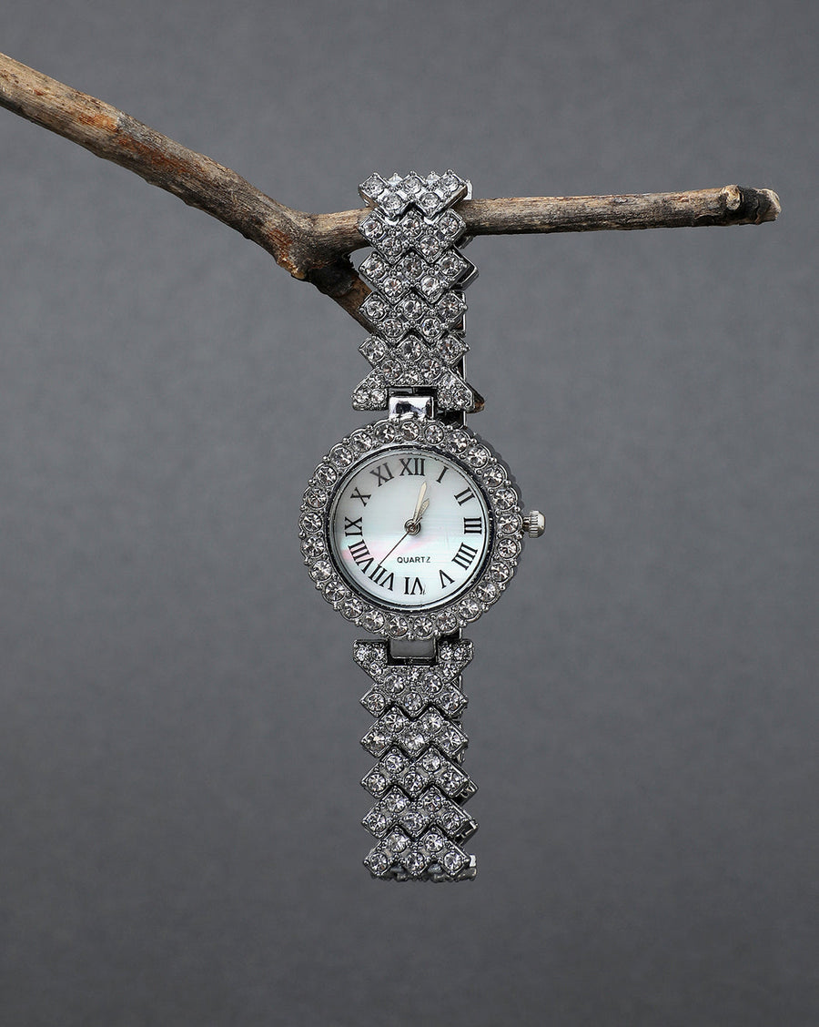 White Crystal Stones Analog Round Dial With Silver Crystal Stone Metal - Shop authentic Indian Women's Fashion by Haute Sauce
