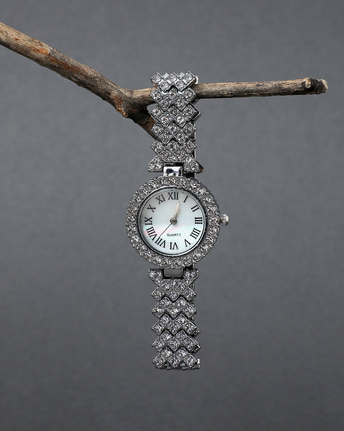 White Crystal Stones Analog Round Dial With Silver Crystal Stone Metal - Shop authentic Indian Women's Fashion by Haute Sauce
