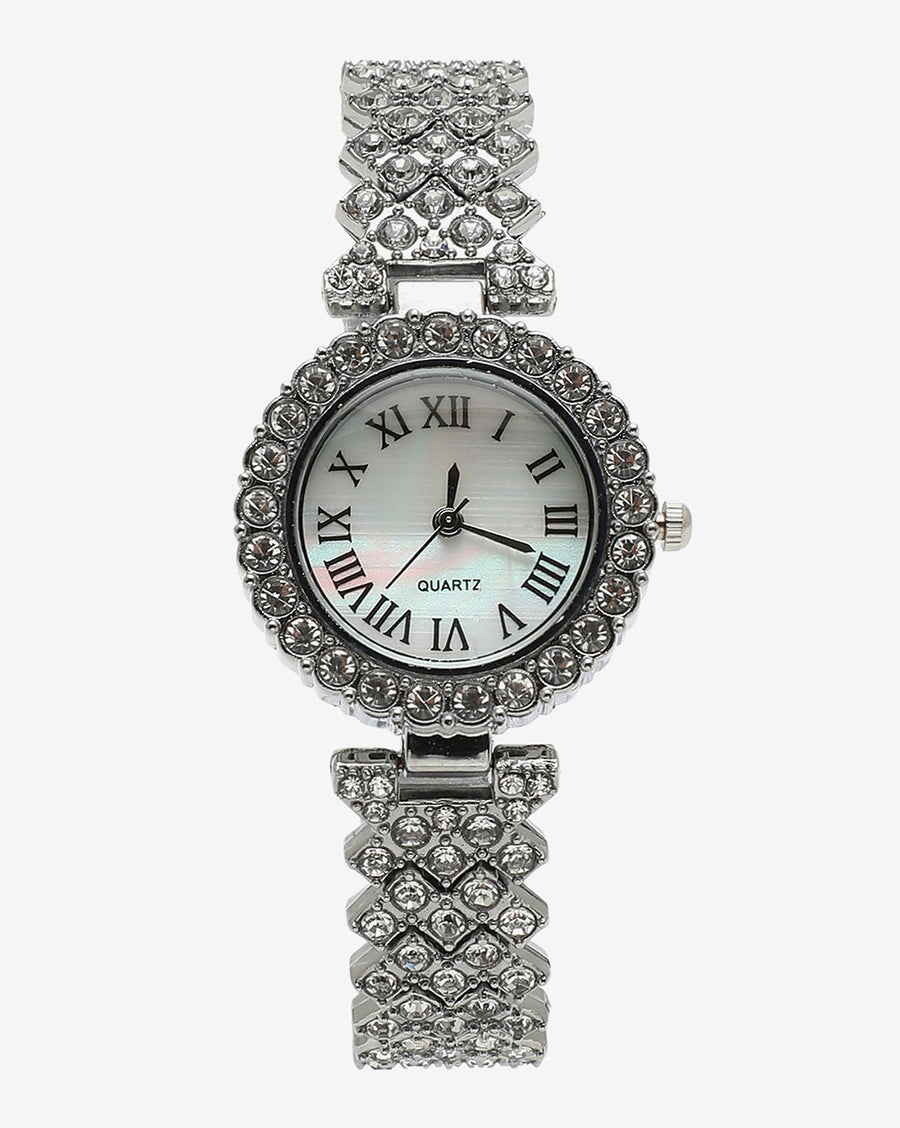 White Crystal Stones Analog Round Dial With Silver Crystal Stone Metal - Shop authentic Indian Women's Fashion by Haute Sauce