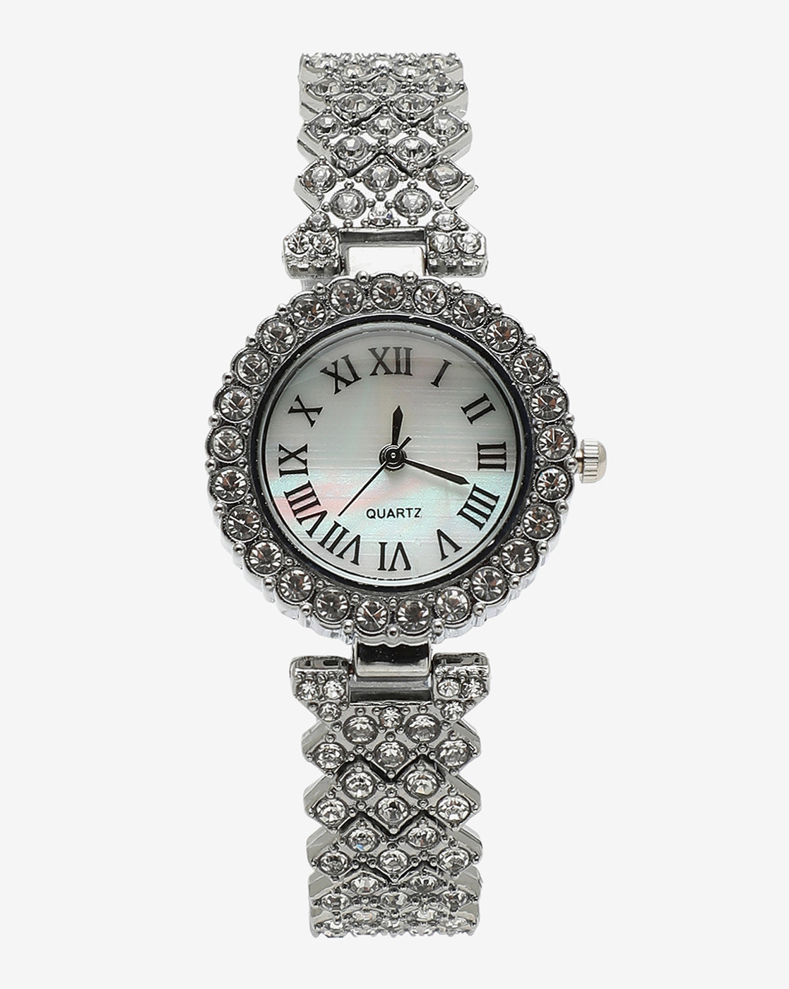White Crystal Stones Analog Round Dial With Silver Crystal Stone Metal - Shop authentic Indian Women's Fashion by Haute Sauce