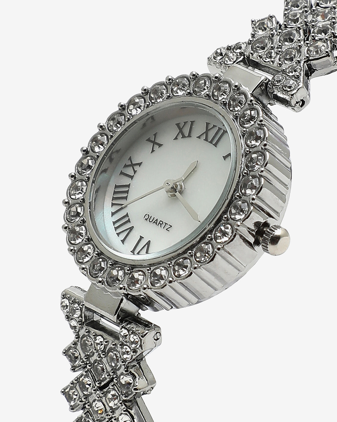 White Crystal Stones Analog Round Dial With Silver Crystal Stone Metal - Shop authentic Indian Women's Fashion by Haute Sauce