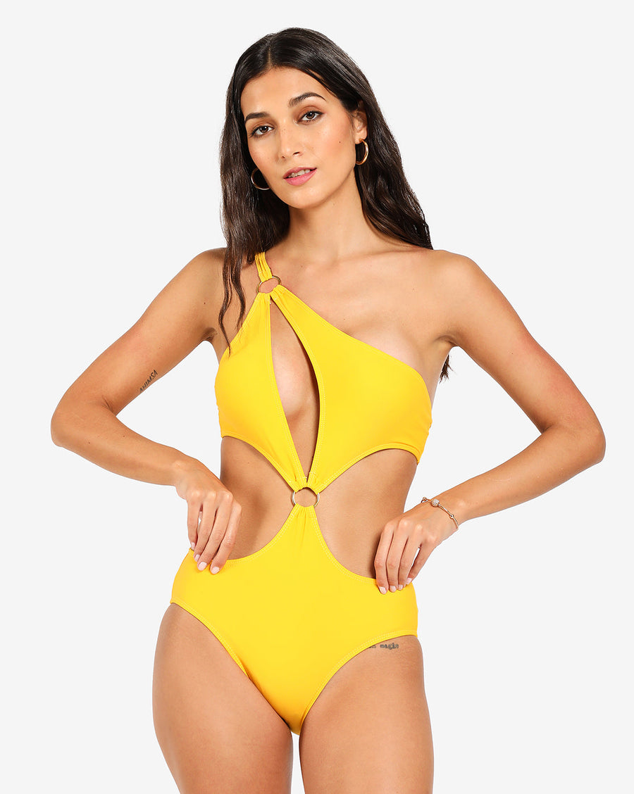 Yellow Solid Cut-Out Swimsuit - Shop authentic Indian Women's Fashion by Haute Sauce