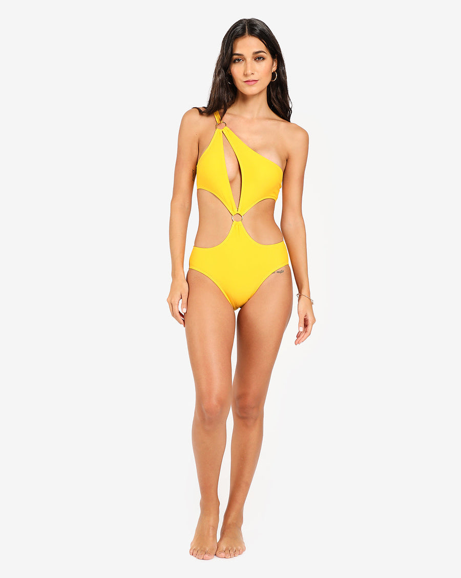 Yellow Solid Cut-Out Swimsuit - Shop authentic Indian Women's Fashion by Haute Sauce