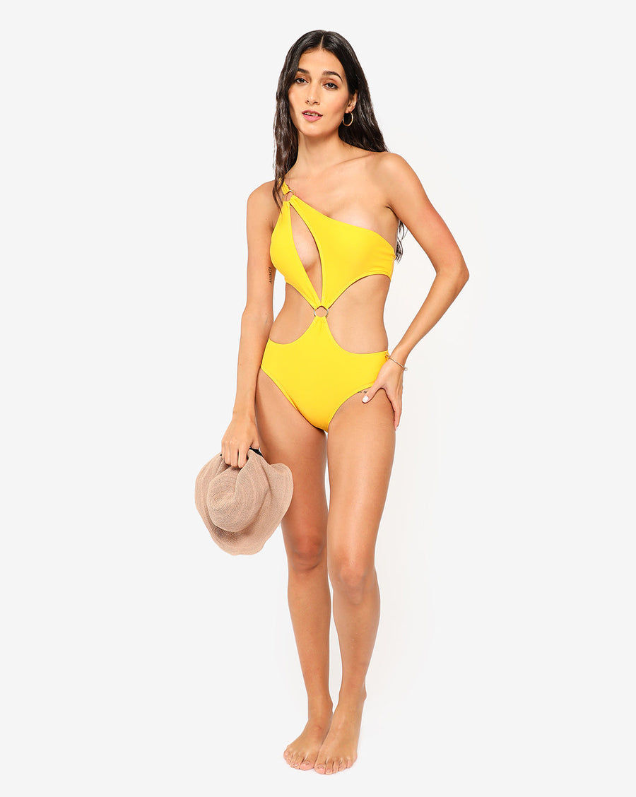 Yellow Solid Cut-Out Swimsuit - Shop authentic Indian Women's Fashion by Haute Sauce