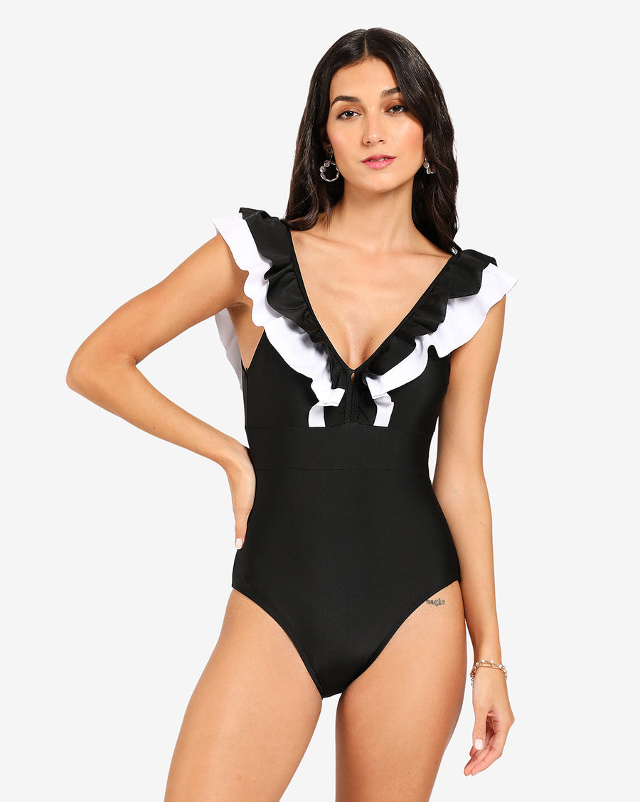 Ruffle V- Neck One-Piece Swimsuit - Shop authentic Indian Women's Fashion by Haute Sauce