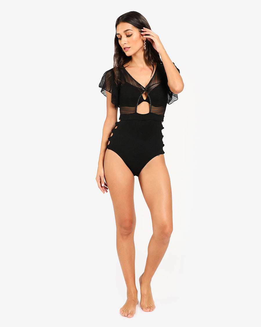 Black Solid Cut-Out One-Piece Swimsuit - Shop authentic Indian Women's Fashion by Haute Sauce