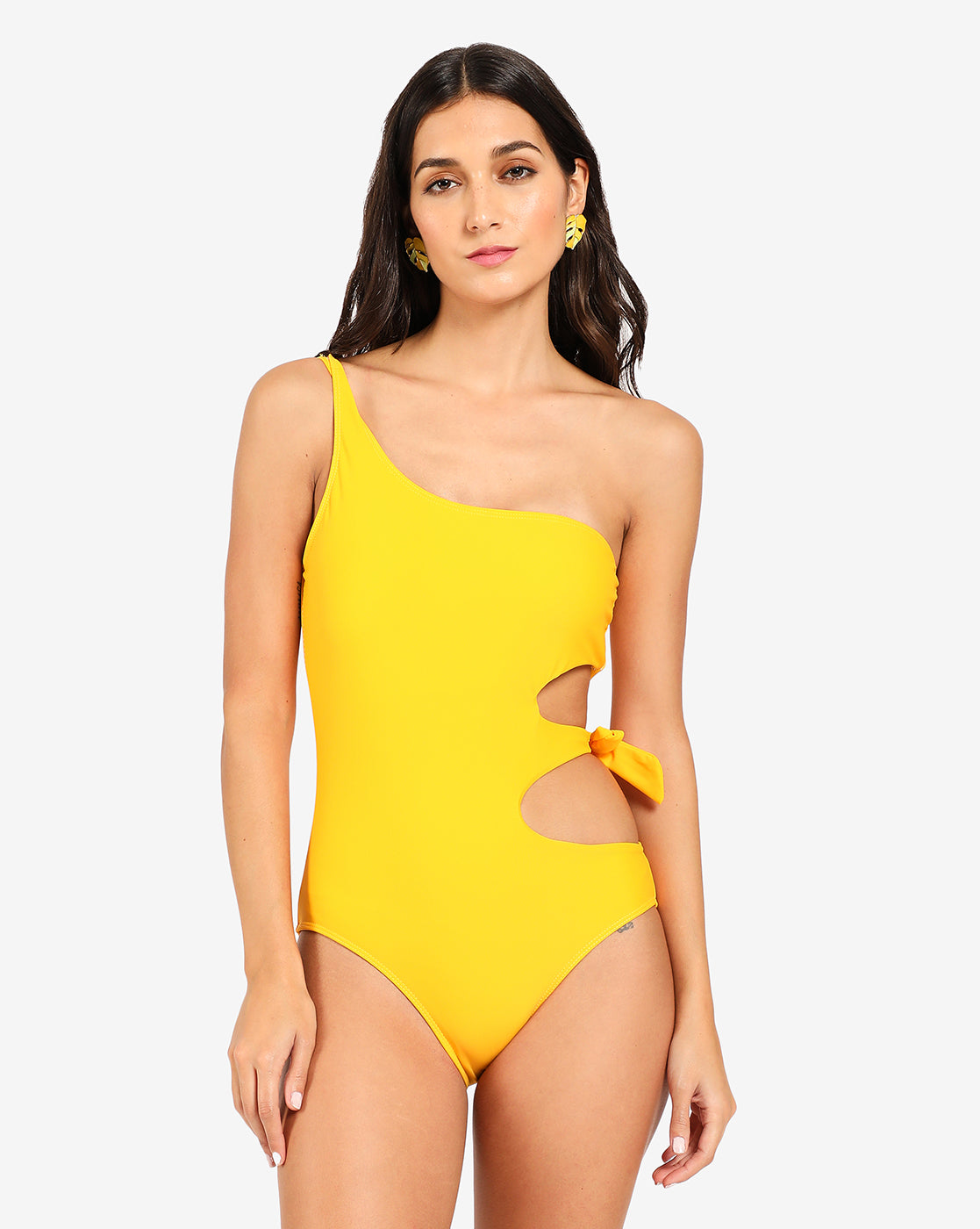Yellow Solid Tie-Up One Shoulder Swimsuit - Shop authentic Indian Women's Fashion by Haute Sauce