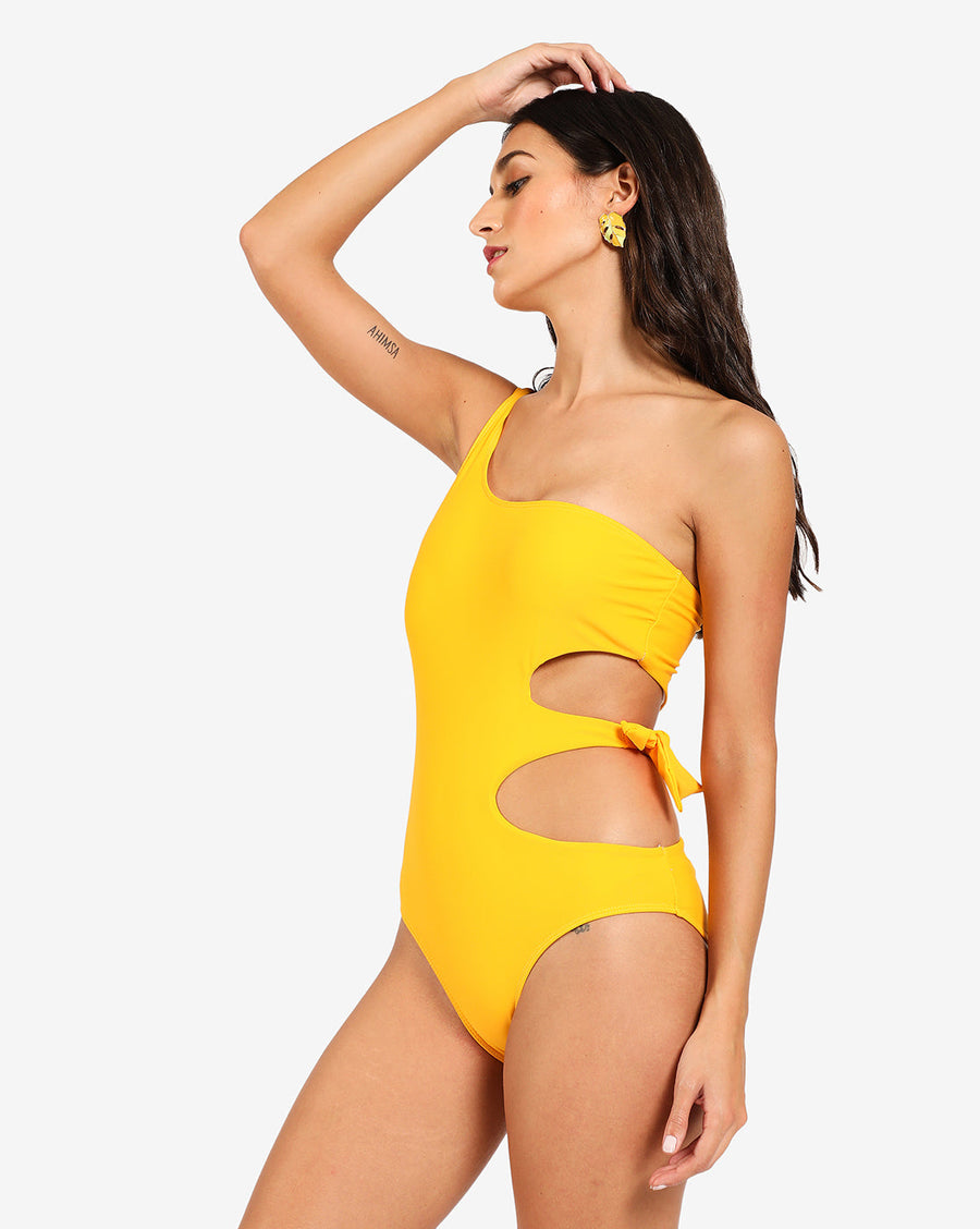 Yellow Solid Tie-Up One Shoulder Swimsuit - Shop authentic Indian Women's Fashion by Haute Sauce