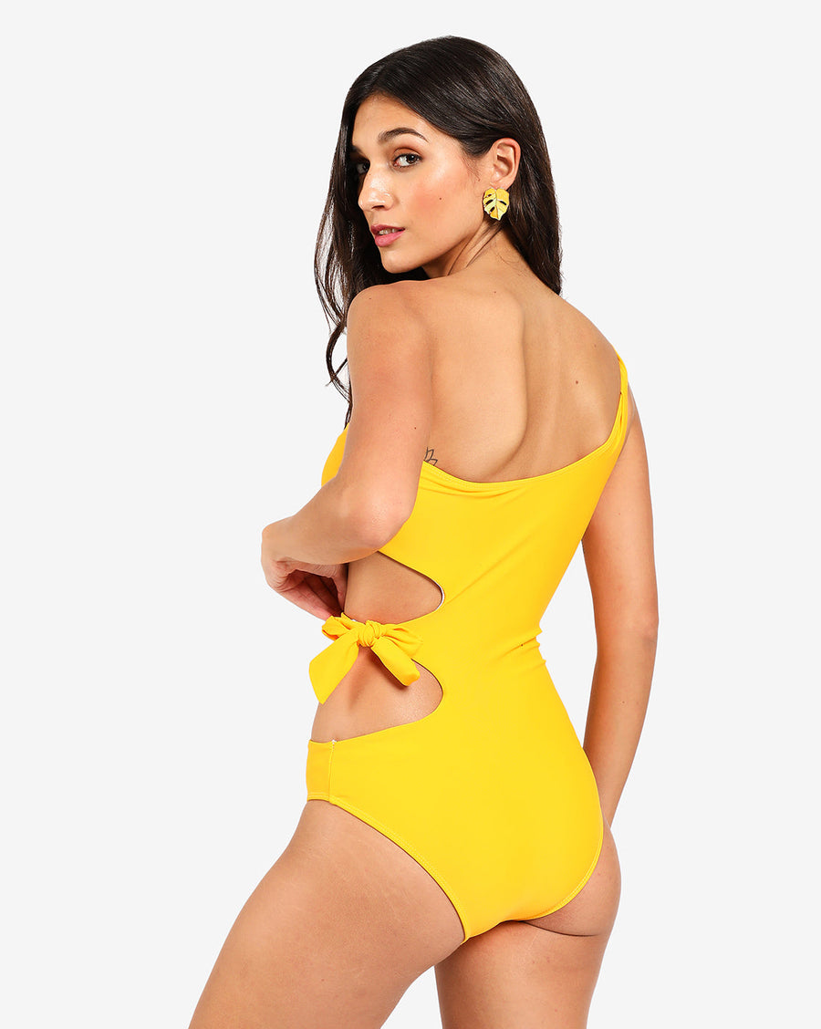 Yellow Solid Tie-Up One Shoulder Swimsuit - Shop authentic Indian Women's Fashion by Haute Sauce