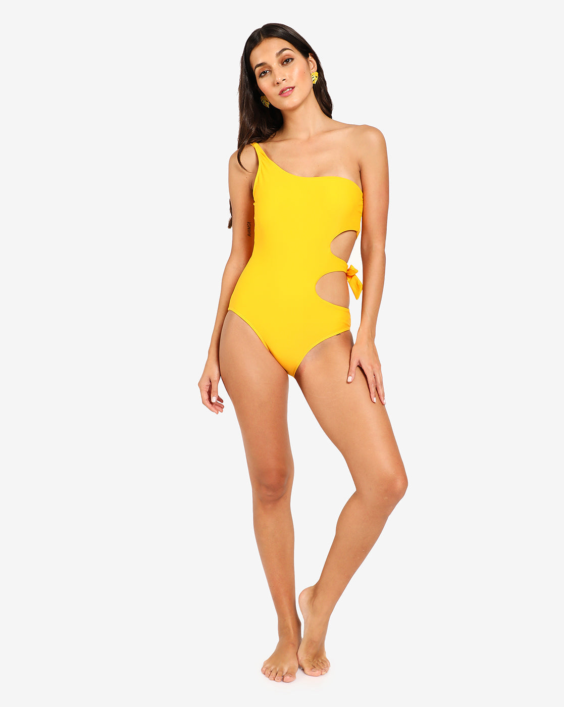 Yellow Solid Tie-Up One Shoulder Swimsuit - Shop authentic Indian Women's Fashion by Haute Sauce
