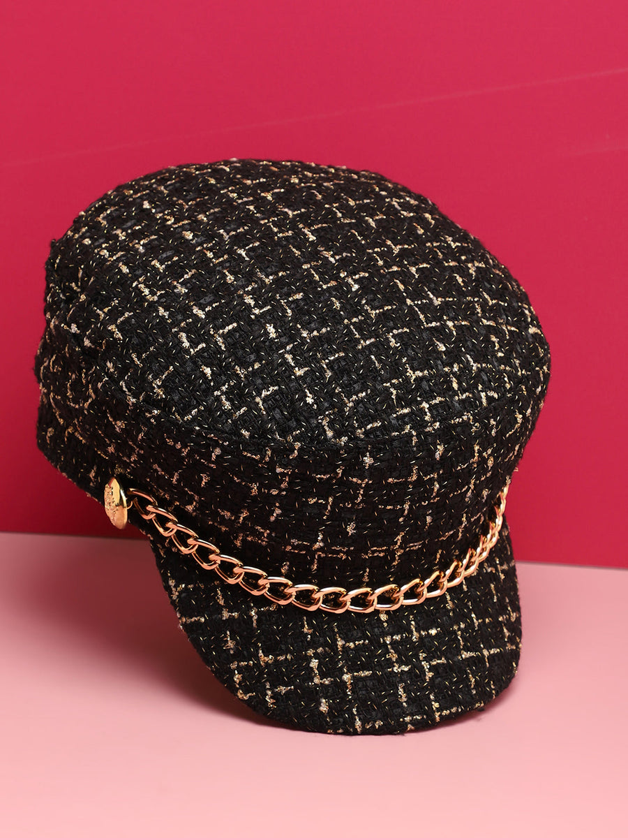 Black Textured Breton Cap With Chain Detail - Shop authentic Indian Women's Fashion by Haute Sauce