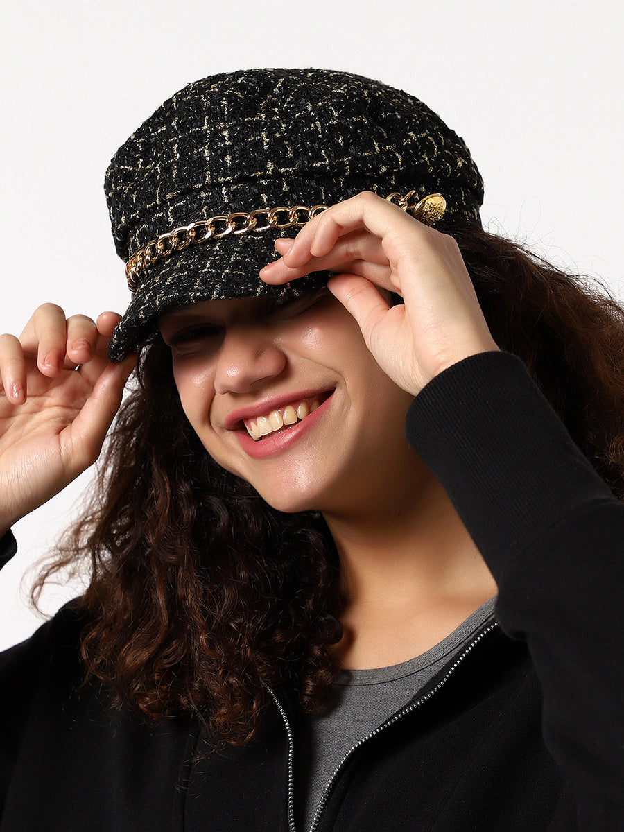 Black Textured Breton Cap With Chain Detail - Shop authentic Indian Women's Fashion by Haute Sauce