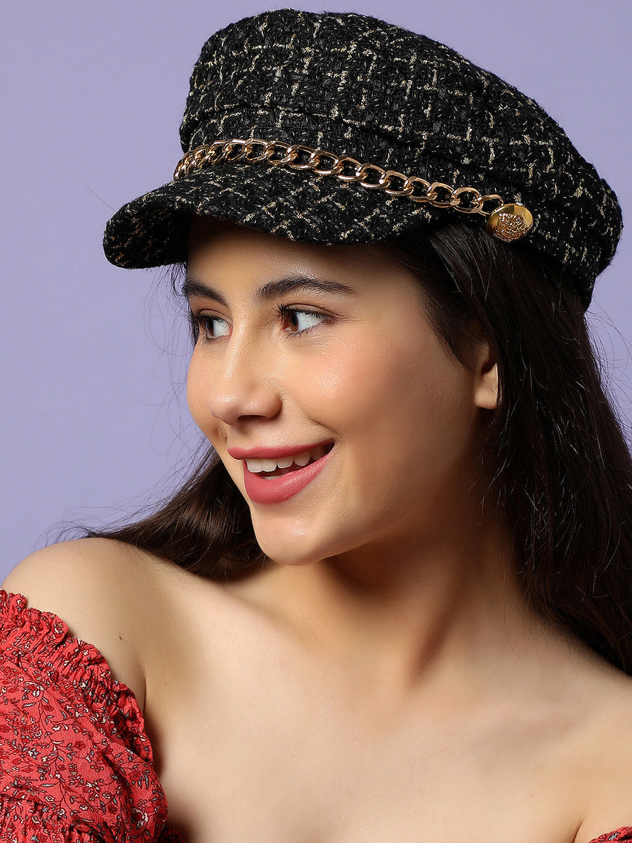 Black Textured Breton Cap With Chain Detail - Shop authentic Indian Women's Fashion by Haute Sauce