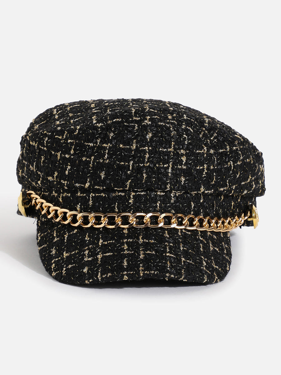 Black Textured Breton Cap With Chain Detail - Shop authentic Indian Women's Fashion by Haute Sauce
