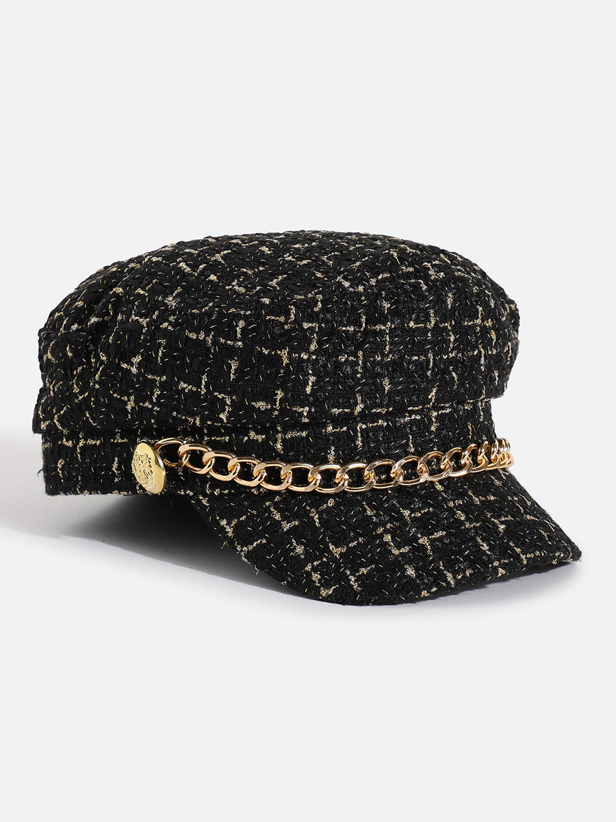 Black Textured Breton Cap With Chain Detail - Shop authentic Indian Women's Fashion by Haute Sauce