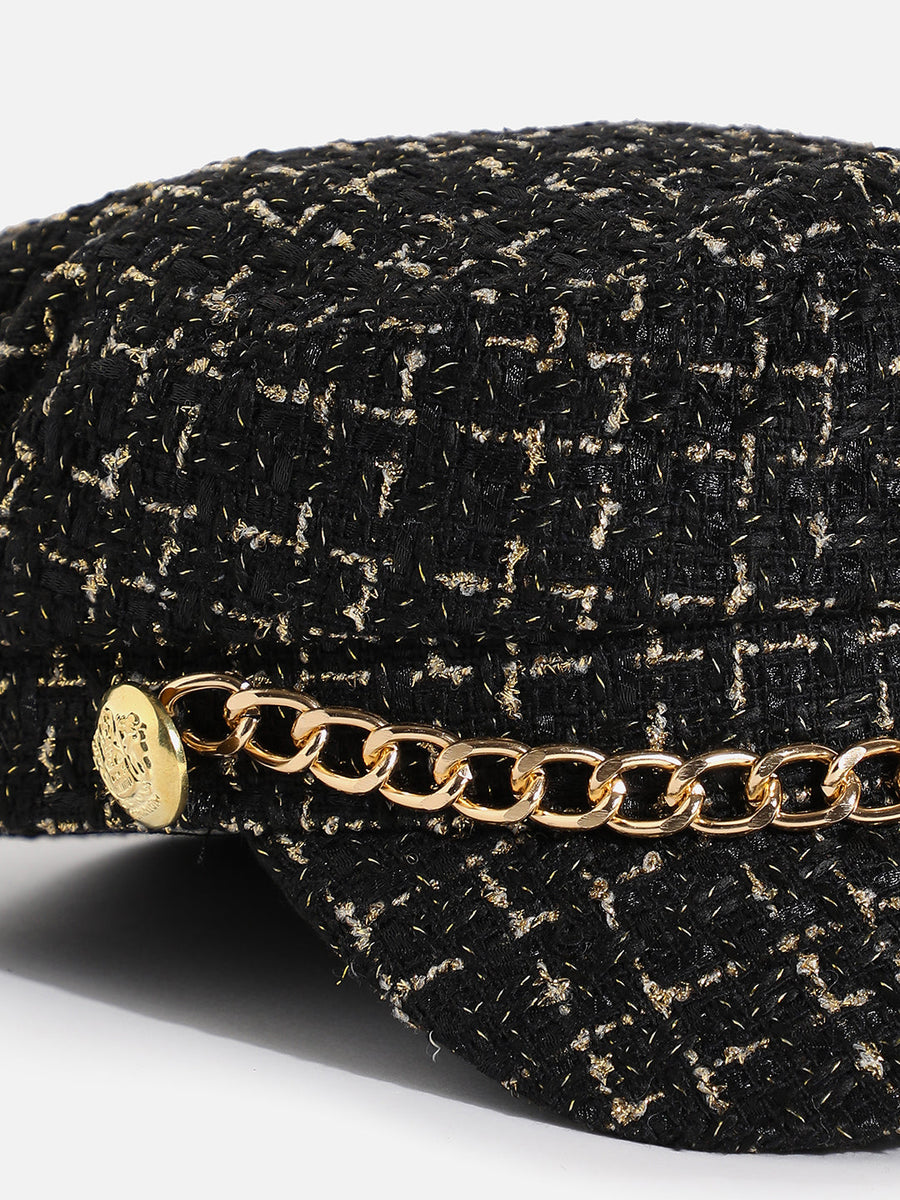 Black Textured Breton Cap With Chain Detail - Shop authentic Indian Women's Fashion by Haute Sauce