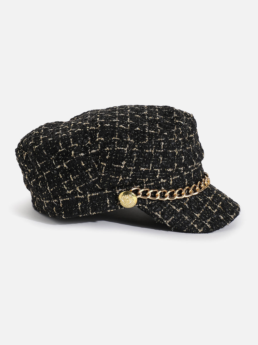 Black Textured Breton Cap With Chain Detail - Shop authentic Indian Women's Fashion by Haute Sauce