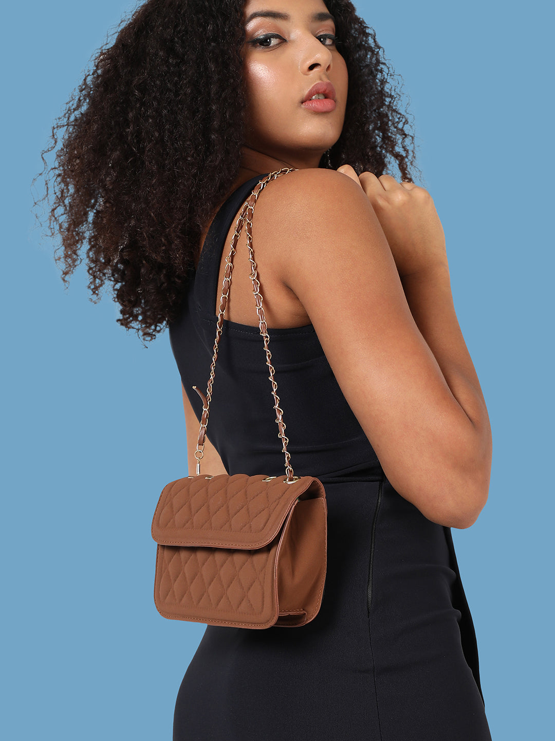 Brown Quilted Vegan Leather Sling Bag - Shop authentic Indian Women's Fashion by Haute Sauce