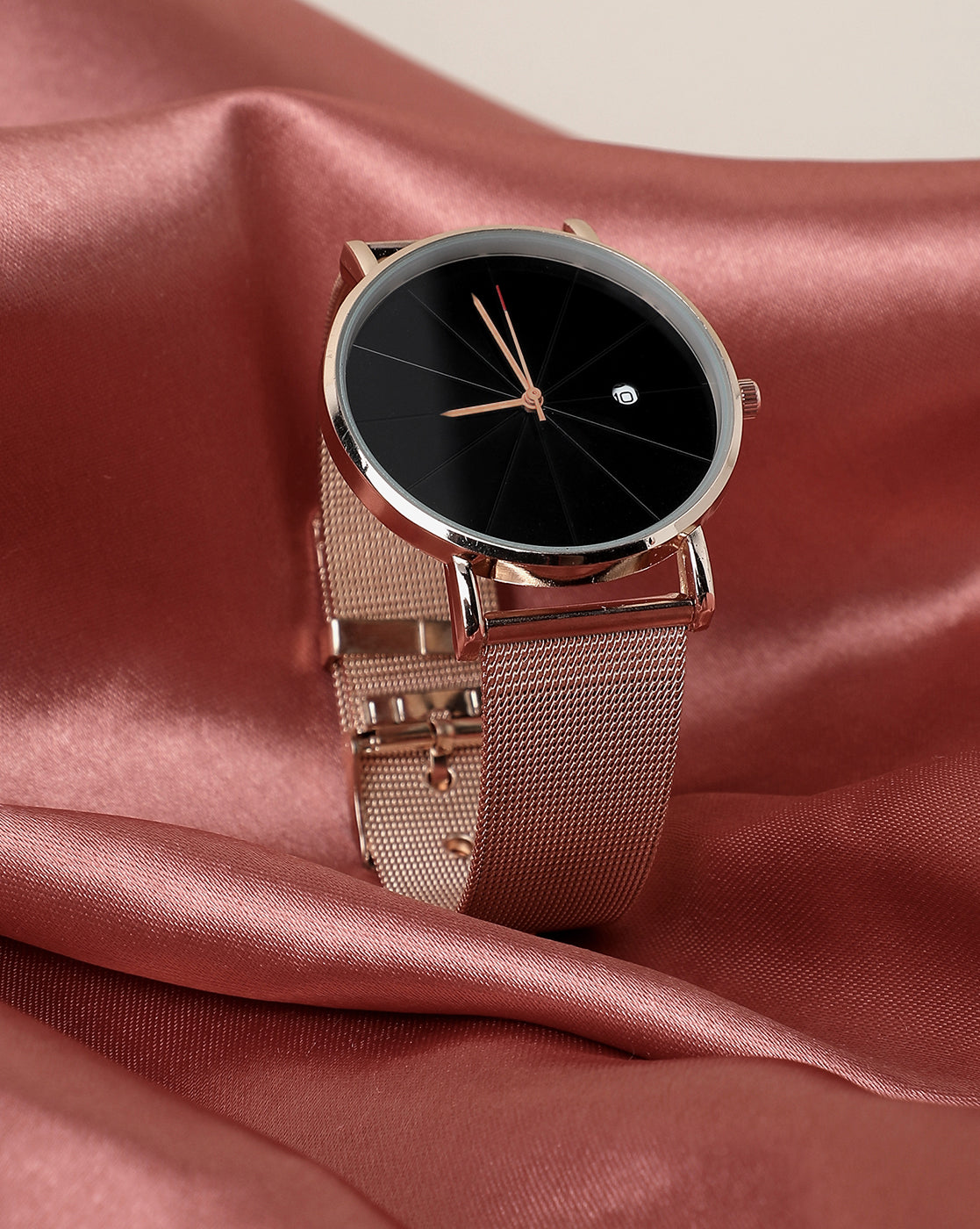 Black Analog Round Dial With White Hour Marker & Rose Gold Metal Mesh  - Shop authentic Indian Women's Fashion by Haute Sauce