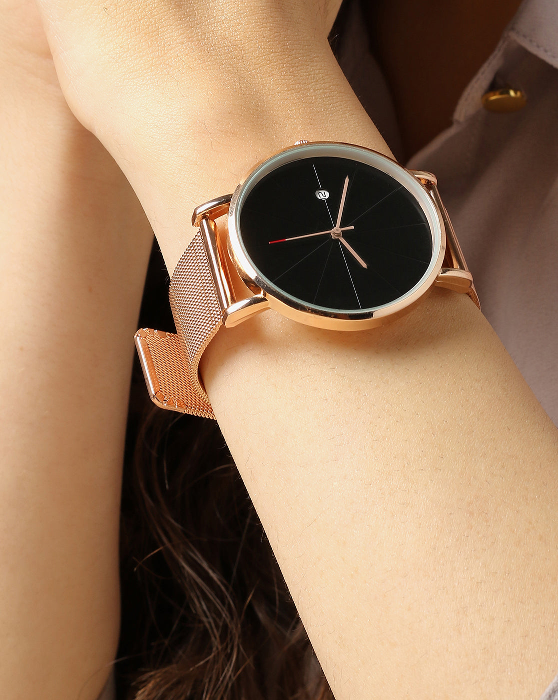 Black Analog Round Dial With White Hour Marker & Rose Gold Metal Mesh  - Shop authentic Indian Women's Fashion by Haute Sauce